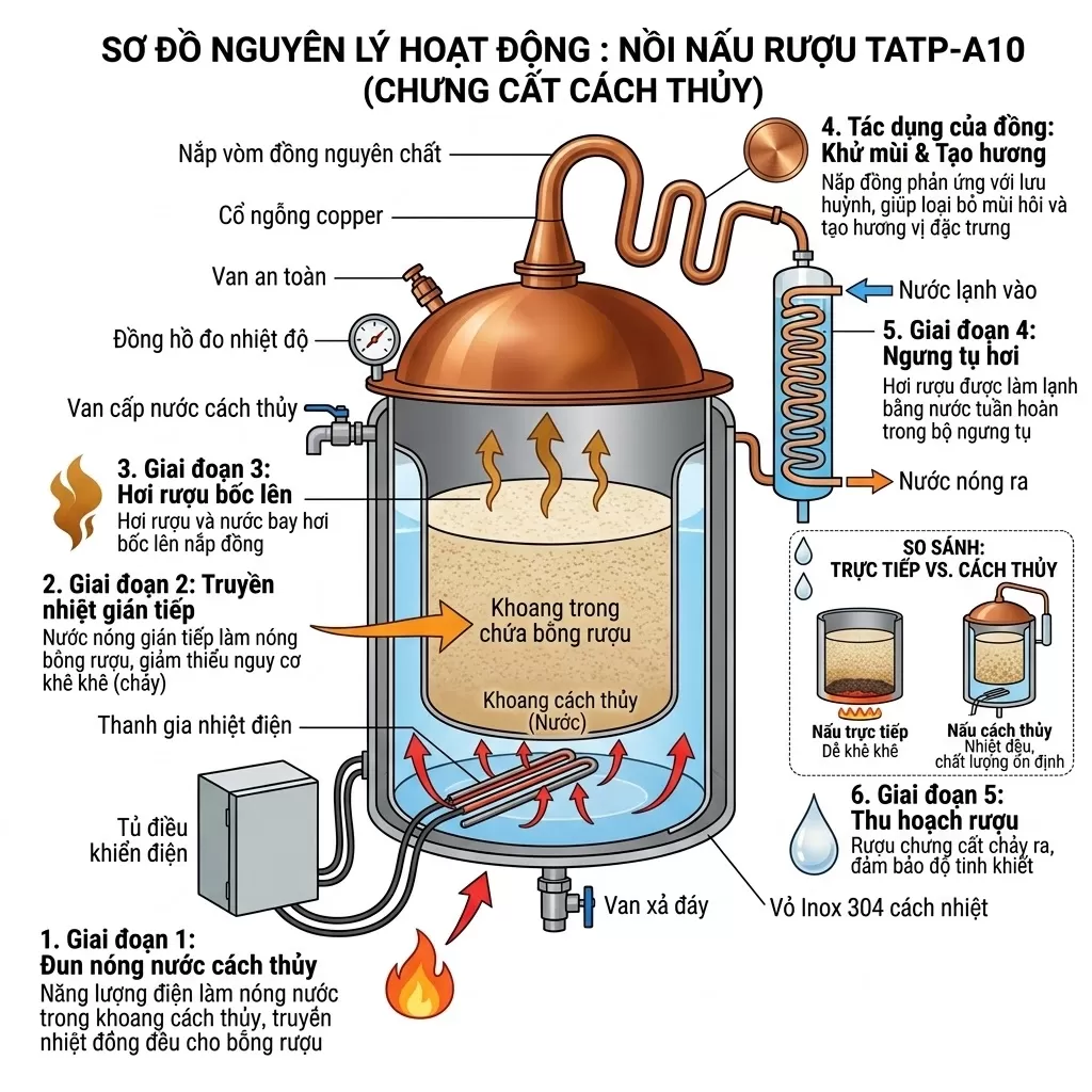 Nồi Hơi Nấu Rượu Ruột Đồng Đa Năng TATP-A10 (20Kg - 100Kg/Mẻ)