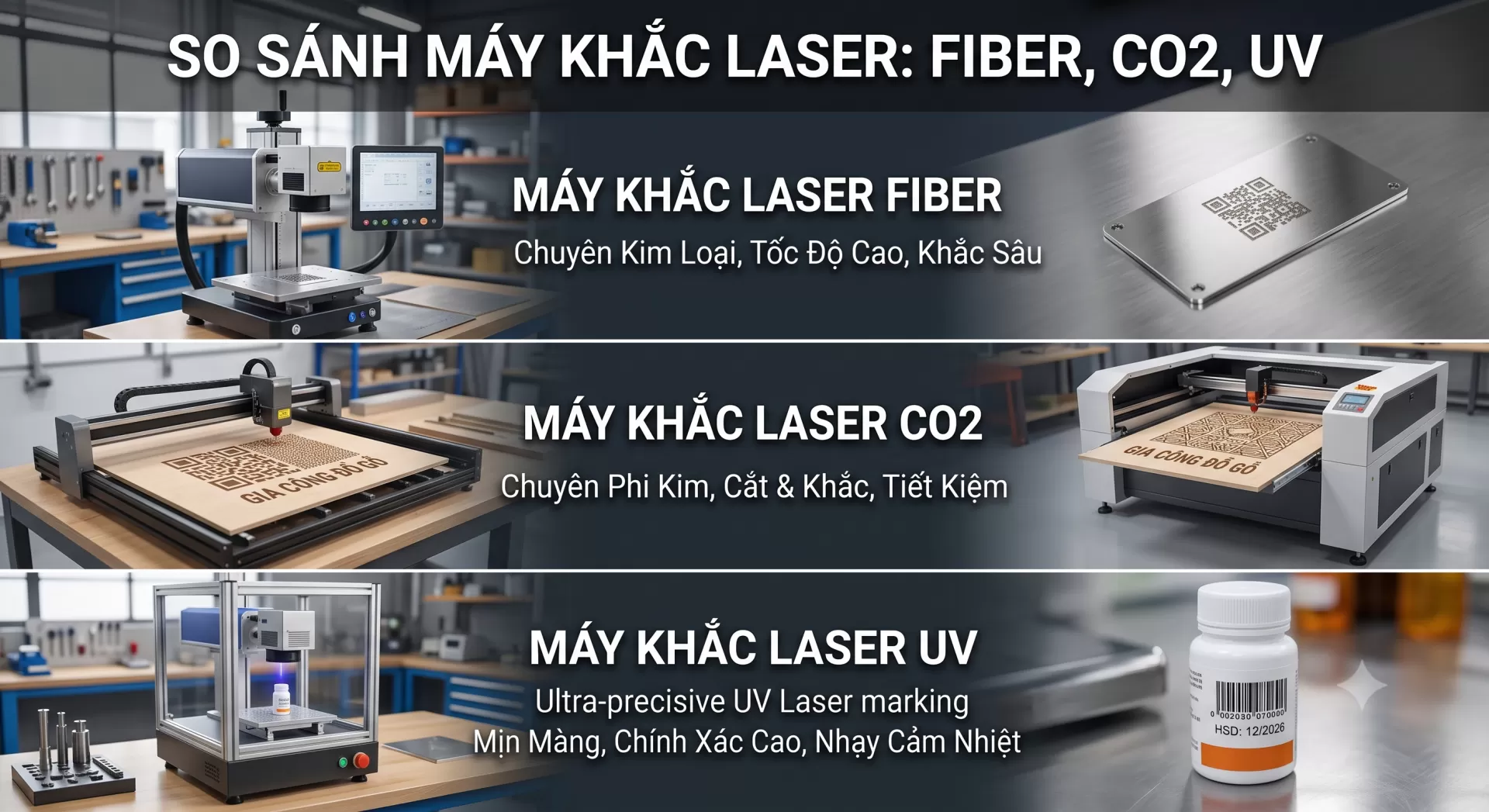 So Sánh Chi Tiết Máy Khắc Laser Fiber, CO2 và UV: Nên Chọn Đầu Tư Dòng Máy Nào?