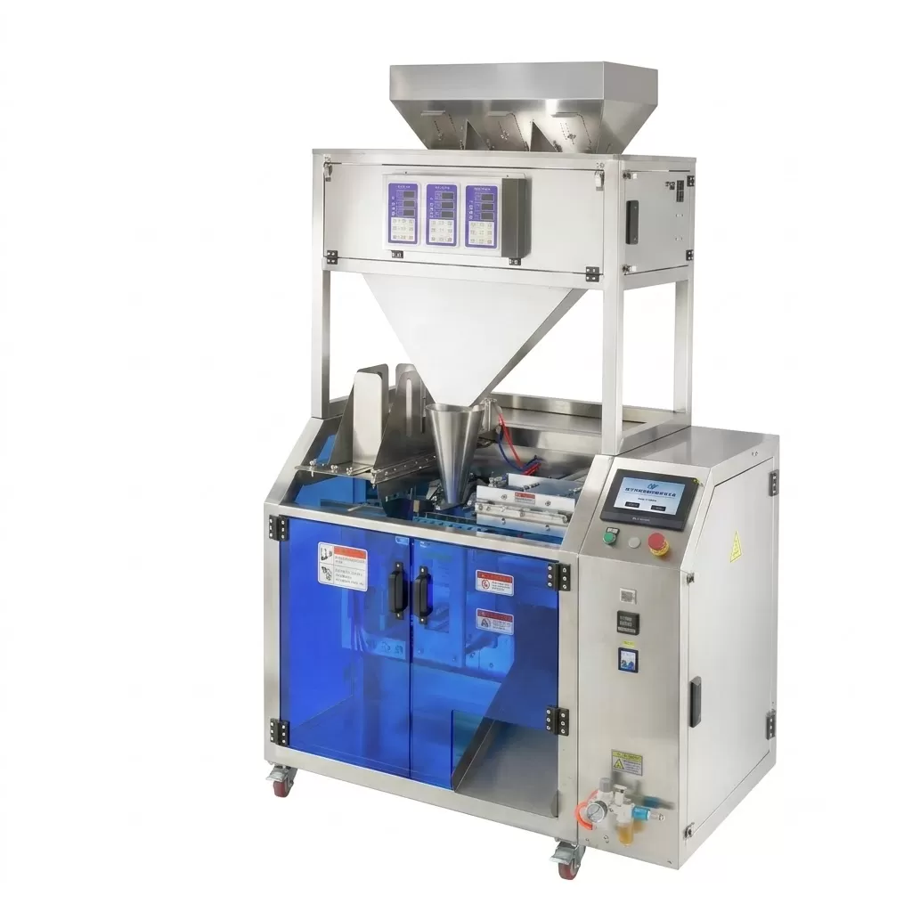 Máy đóng gói dạng hạt túi rời 3 đầu cân điện tử 5-500gram khí nén HADG-DD26